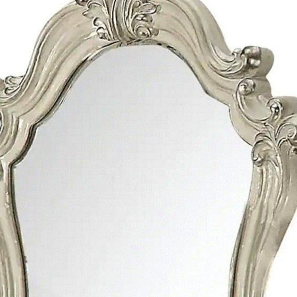 White and Silver Abstract Wood Framed Antiqued Glass Mounted Dresser Mirror