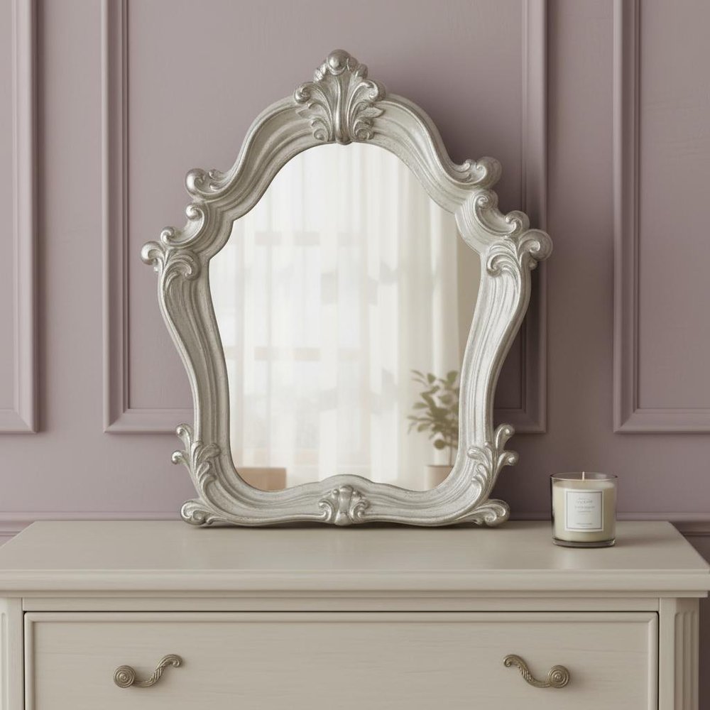White and Silver Abstract Wood Framed Antiqued Glass Mounted Dresser Mirror