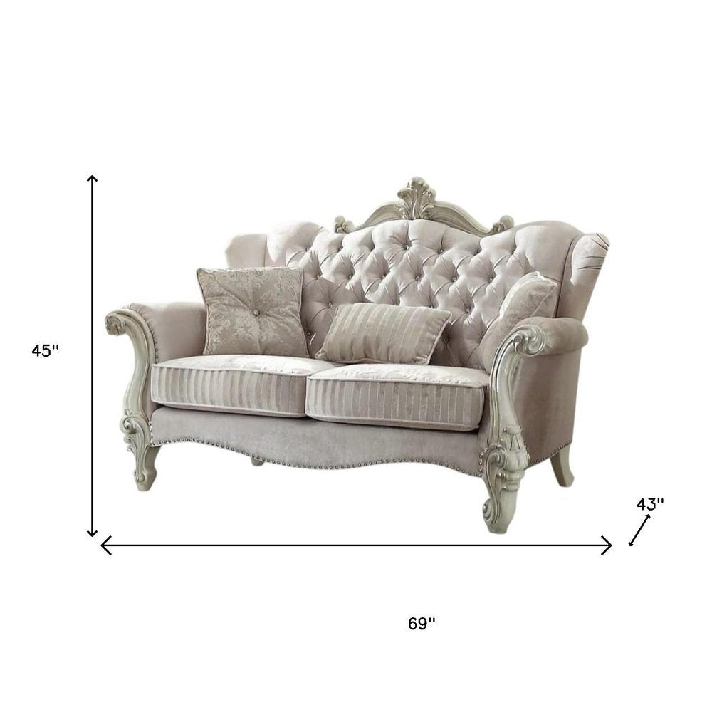 Ivory Chesterfield Loveseat and Toss Pillows - 69-inch