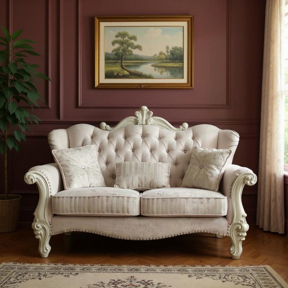 Ivory Chesterfield Loveseat and Toss Pillows - 69-inch