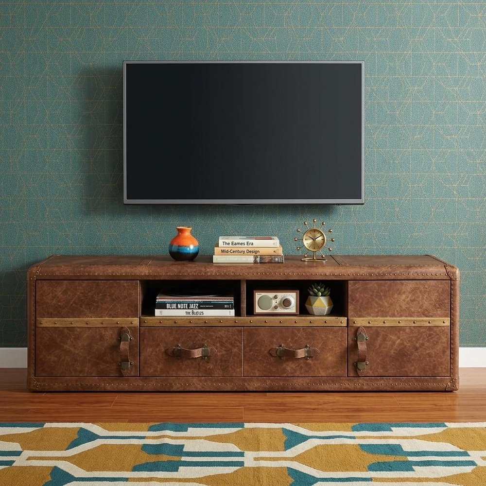 Brown Leather Enclosed and Open Storage TV Stand - 80-inch