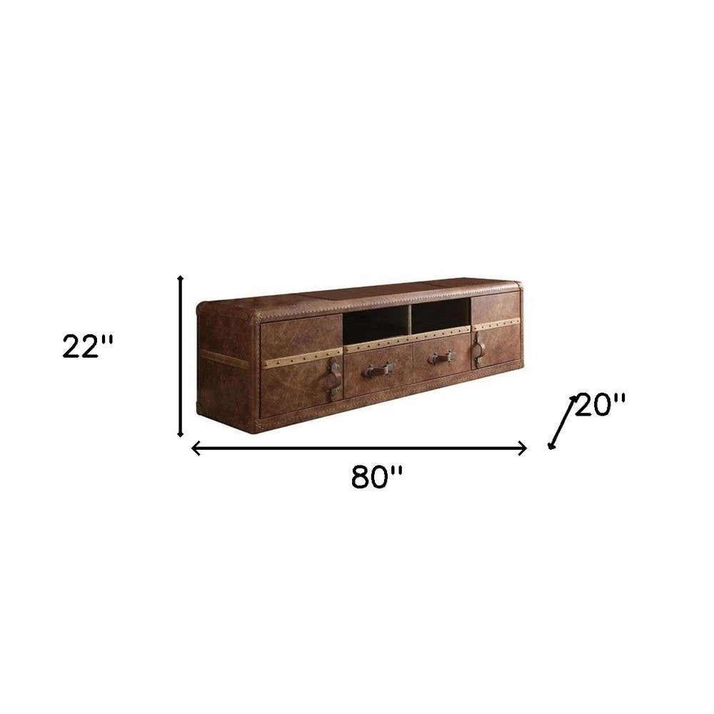 Brown Leather Enclosed and Open Storage TV Stand - 80-inch