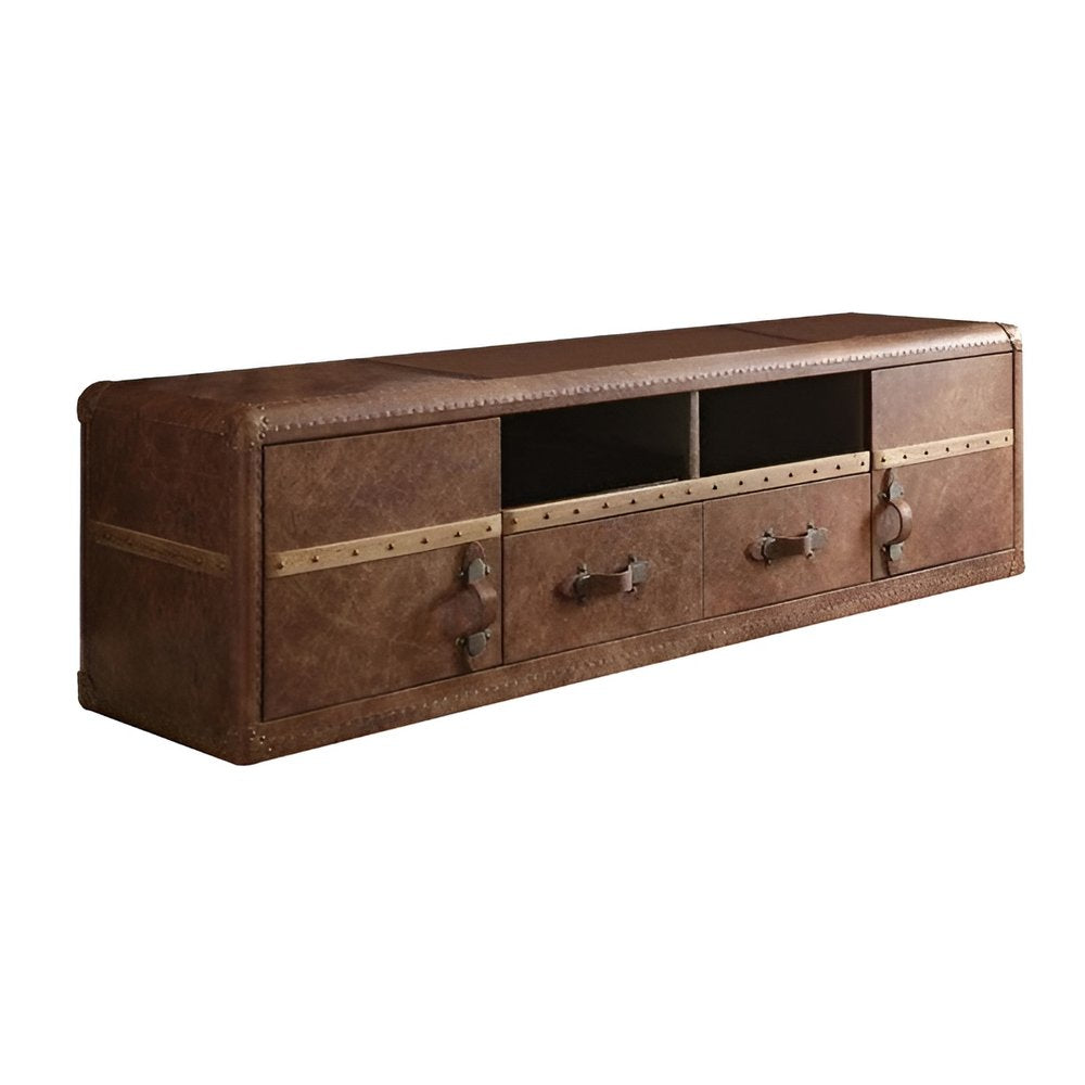 Brown Leather Enclosed and Open Storage TV Stand - 80-inch