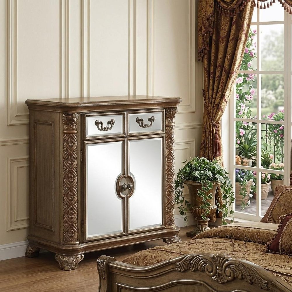 Gold Carved Scrollwork Solid Wood Two Drawer Combo Dresser - 55-inch