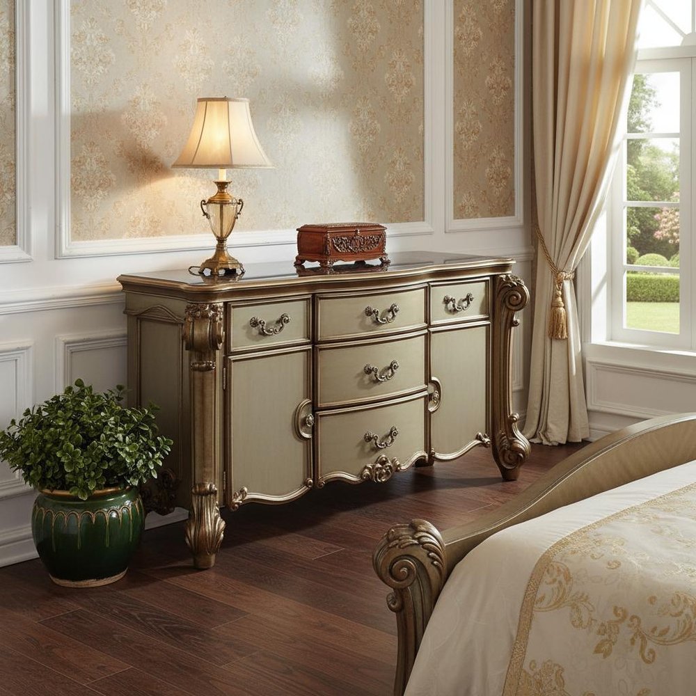 Gold Carved Scrollwork Solid Wood Two Drawer Combo Dresser - 55-inch
