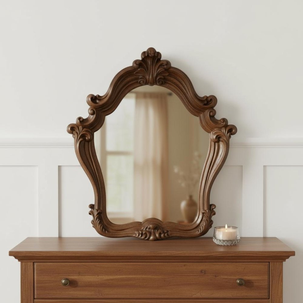White and Silver Abstract Wood Framed Antiqued Glass Mounted Dresser Mirror