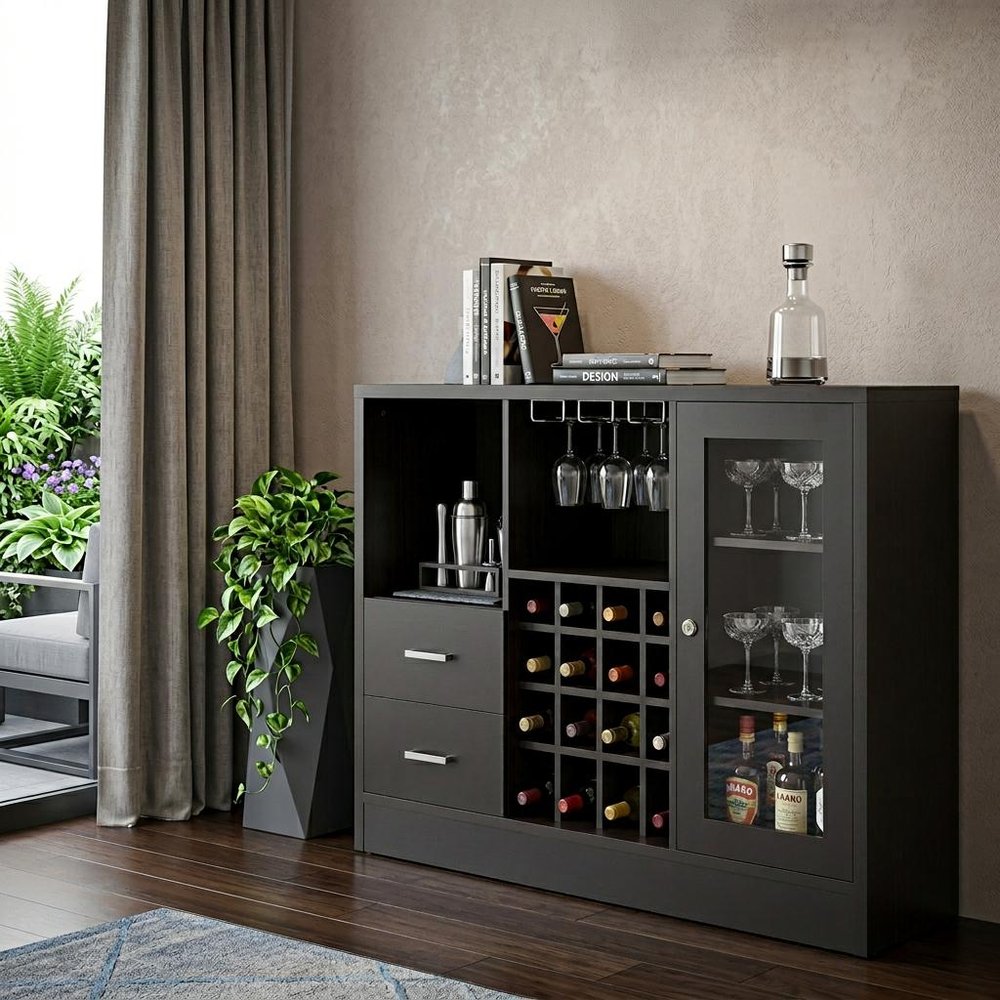 Espresso Solid Wood Frame with Five Shelves and Two Drawers - 47-inch