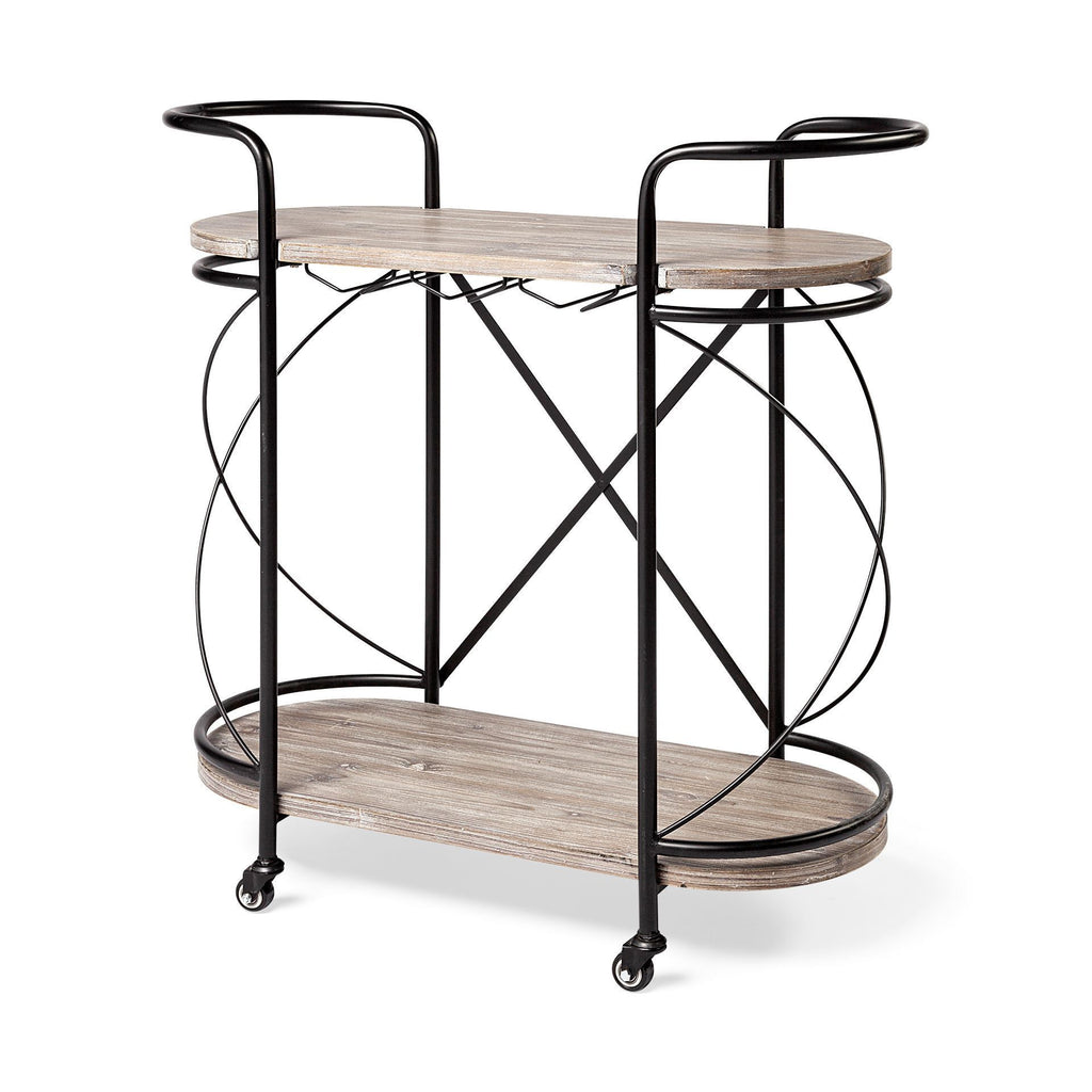 Black Solid Wood and Steel Round Rolling Kitchen Cart with Storage - 15-inch