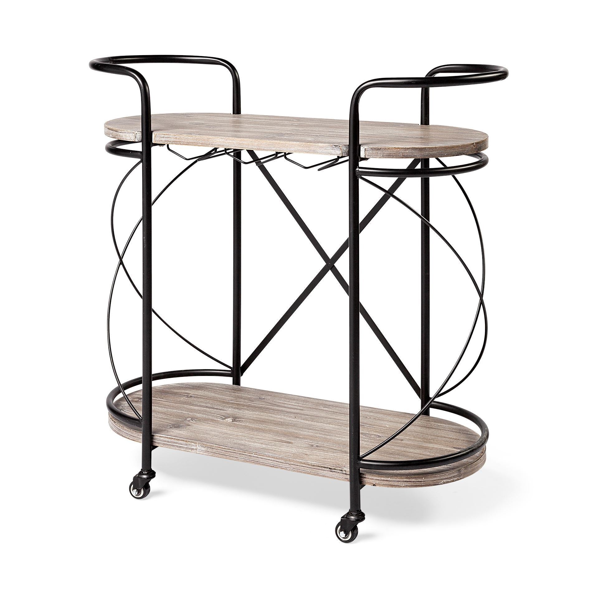 Black Solid Wood and Steel Round Rolling Kitchen Cart with Storage - 15-inch