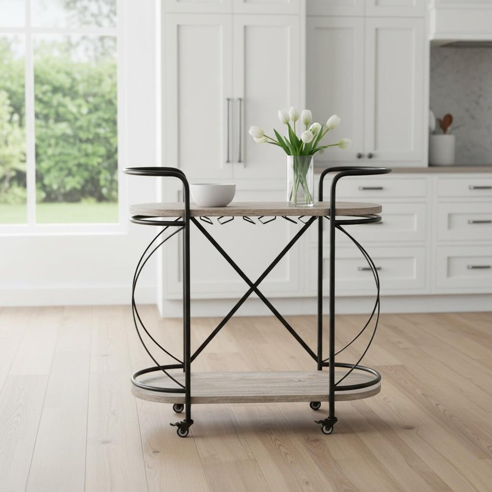Black Solid Wood and Steel Round Rolling Kitchen Cart with Storage - 15-inch