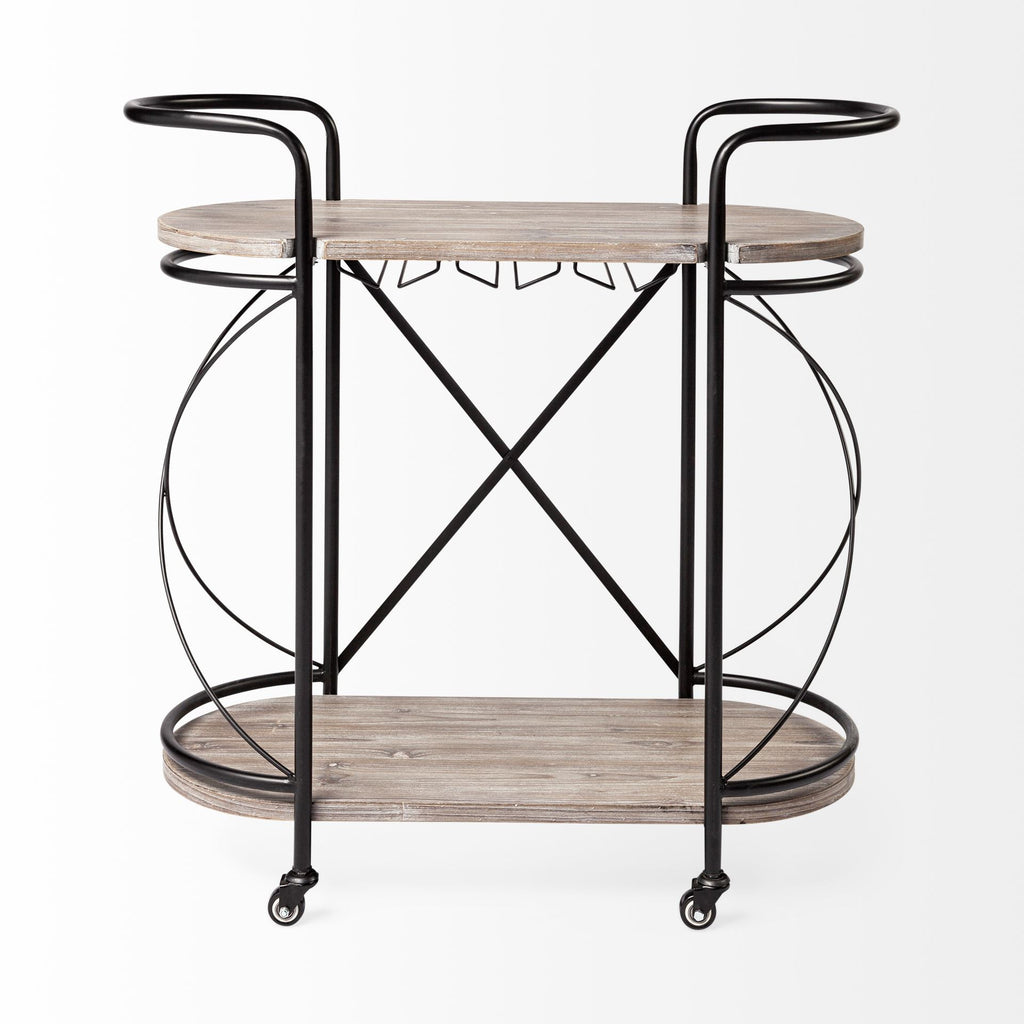 Black Solid Wood and Steel Round Rolling Kitchen Cart with Storage - 15-inch