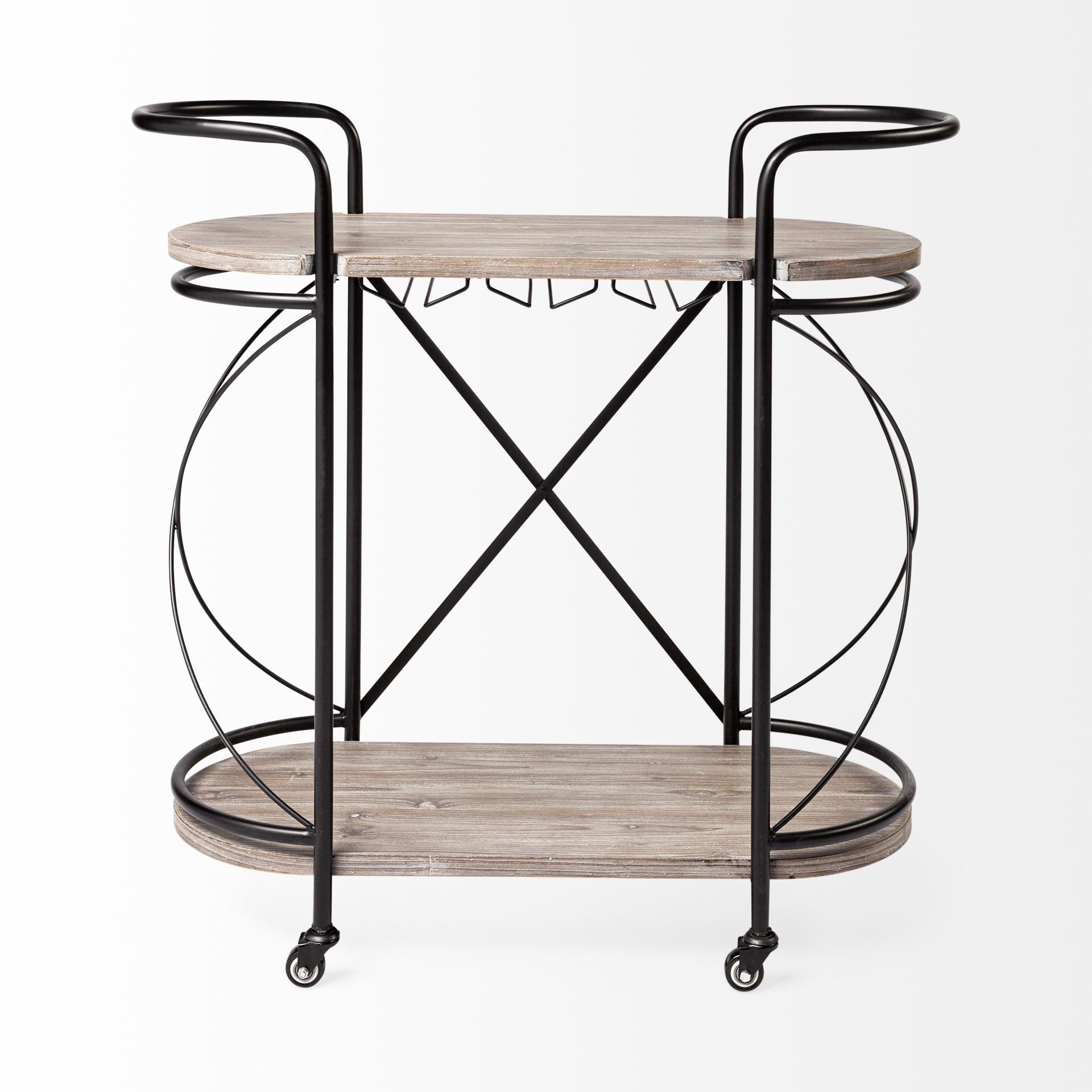 Black Solid Wood and Steel Round Rolling Kitchen Cart with Storage - 15-inch