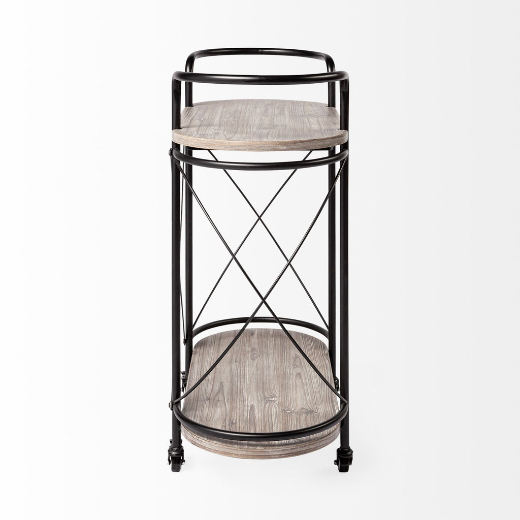 Black Solid Wood and Steel Round Rolling Kitchen Cart with Storage - 15-inch