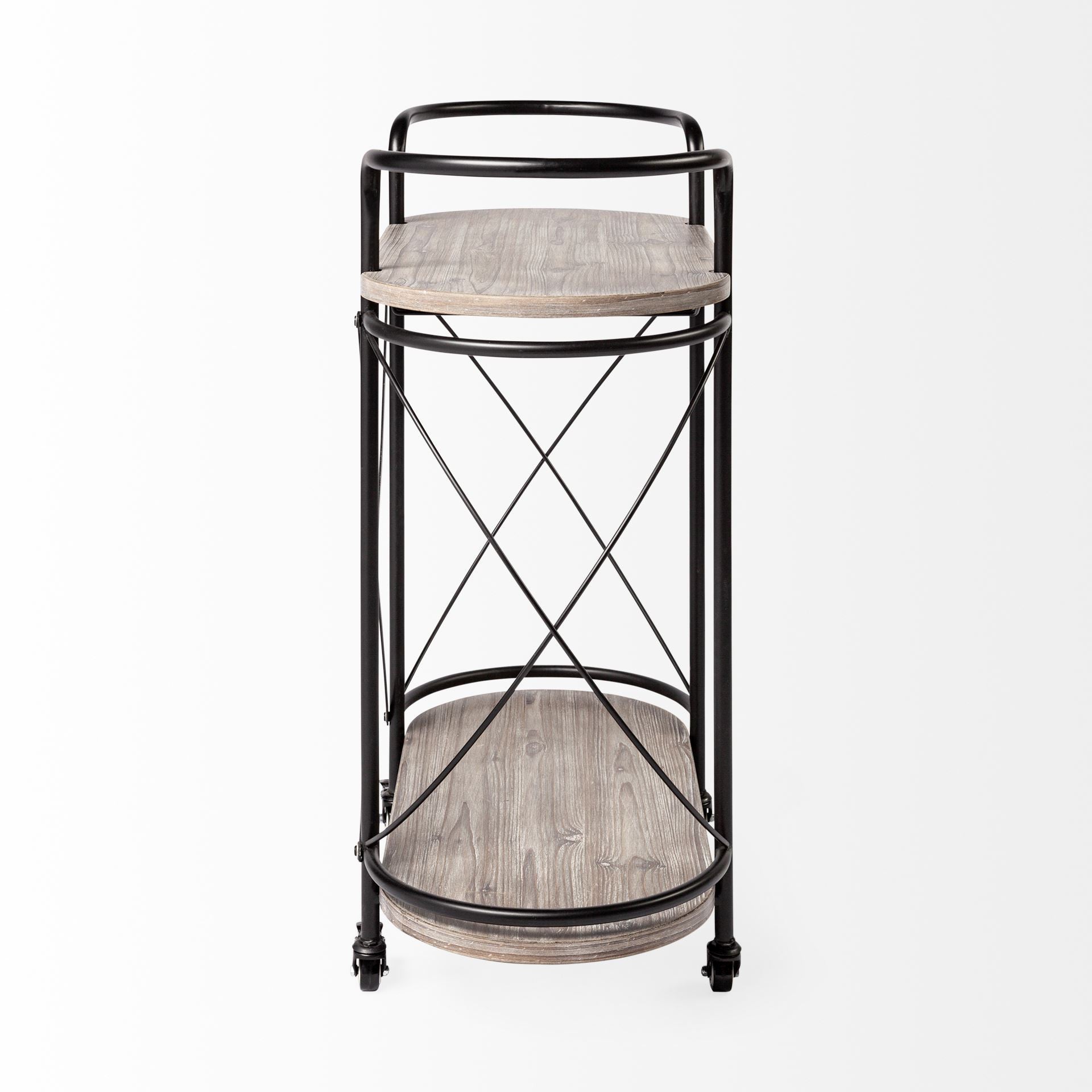 Black Solid Wood and Steel Round Rolling Kitchen Cart with Storage - 15-inch