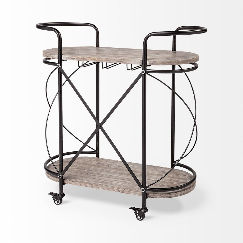 Black Solid Wood and Steel Round Rolling Kitchen Cart with Storage - 15-inch
