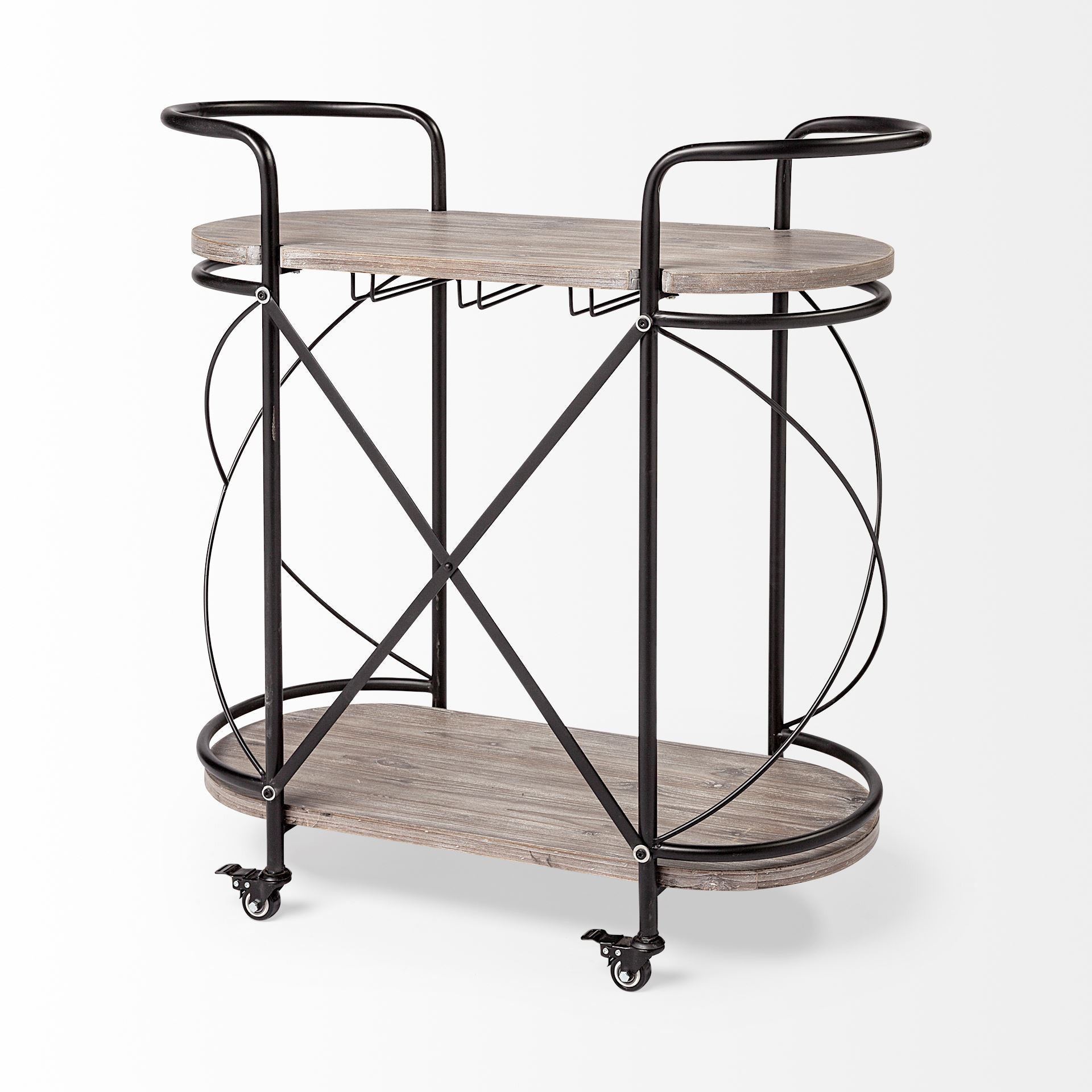 Black Solid Wood and Steel Round Rolling Kitchen Cart with Storage - 15-inch