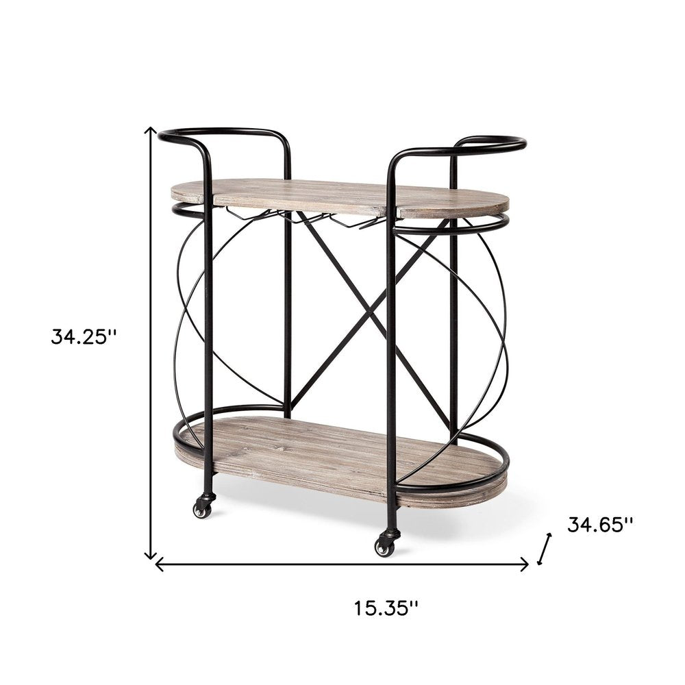 Black Solid Wood and Steel Round Rolling Kitchen Cart with Storage - 15-inch