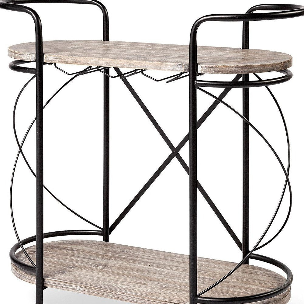Black Solid Wood and Steel Round Rolling Kitchen Cart with Storage - 15-inch