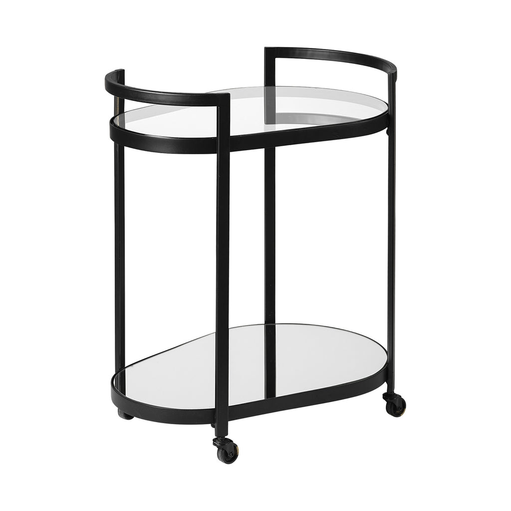 Cyclider Black Metal with Two Mirror Glass Shelves Bar Cart
