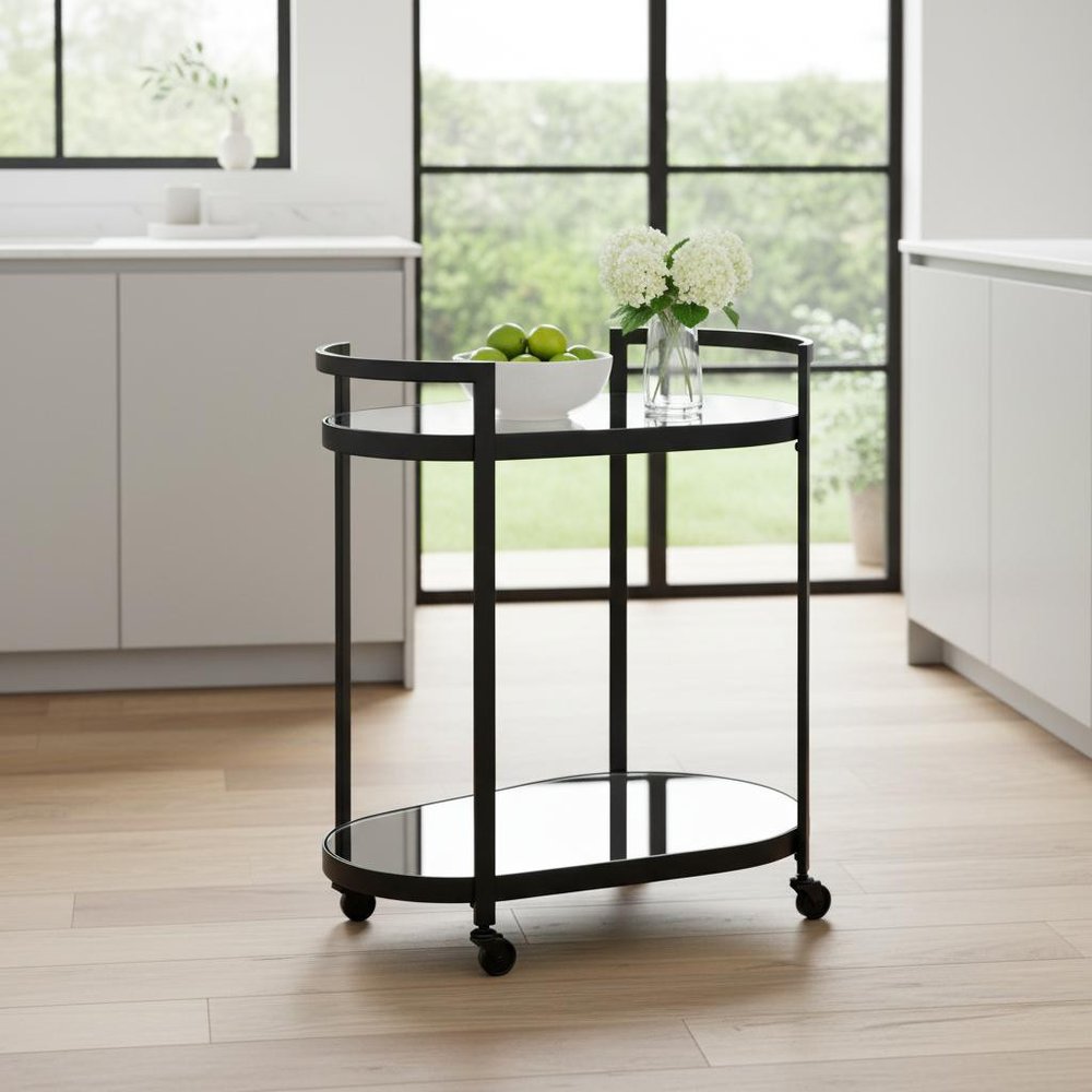 Cyclider Black Metal with Two Mirror Glass Shelves Bar Cart