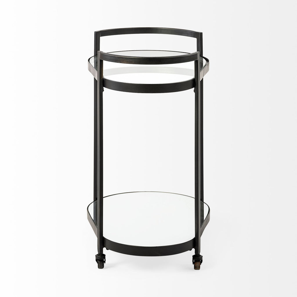 Cyclider Black Metal with Two Mirror Glass Shelves Bar Cart
