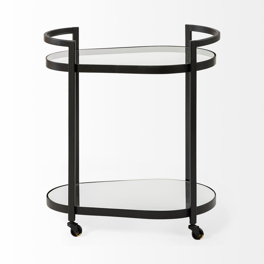 Cyclider Black Metal with Two Mirror Glass Shelves Bar Cart