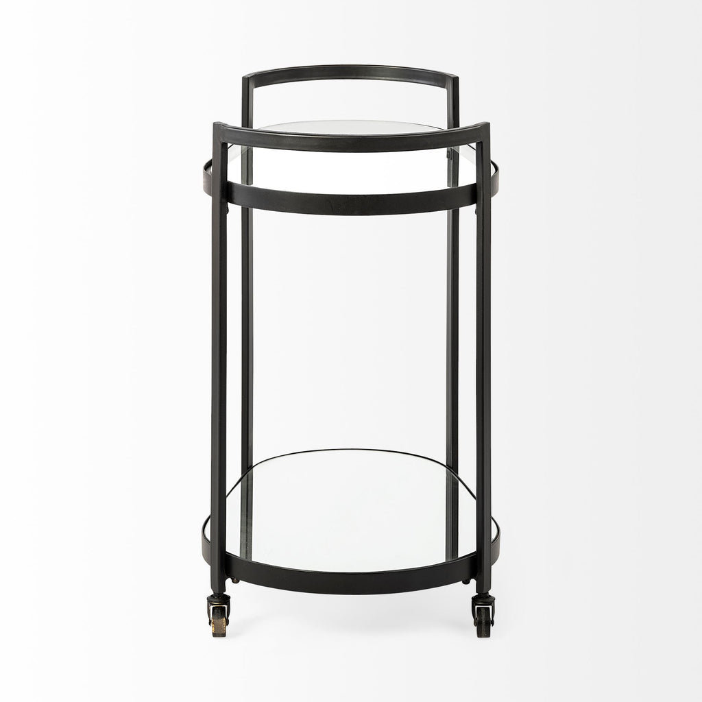 Cyclider Black Metal with Two Mirror Glass Shelves Bar Cart