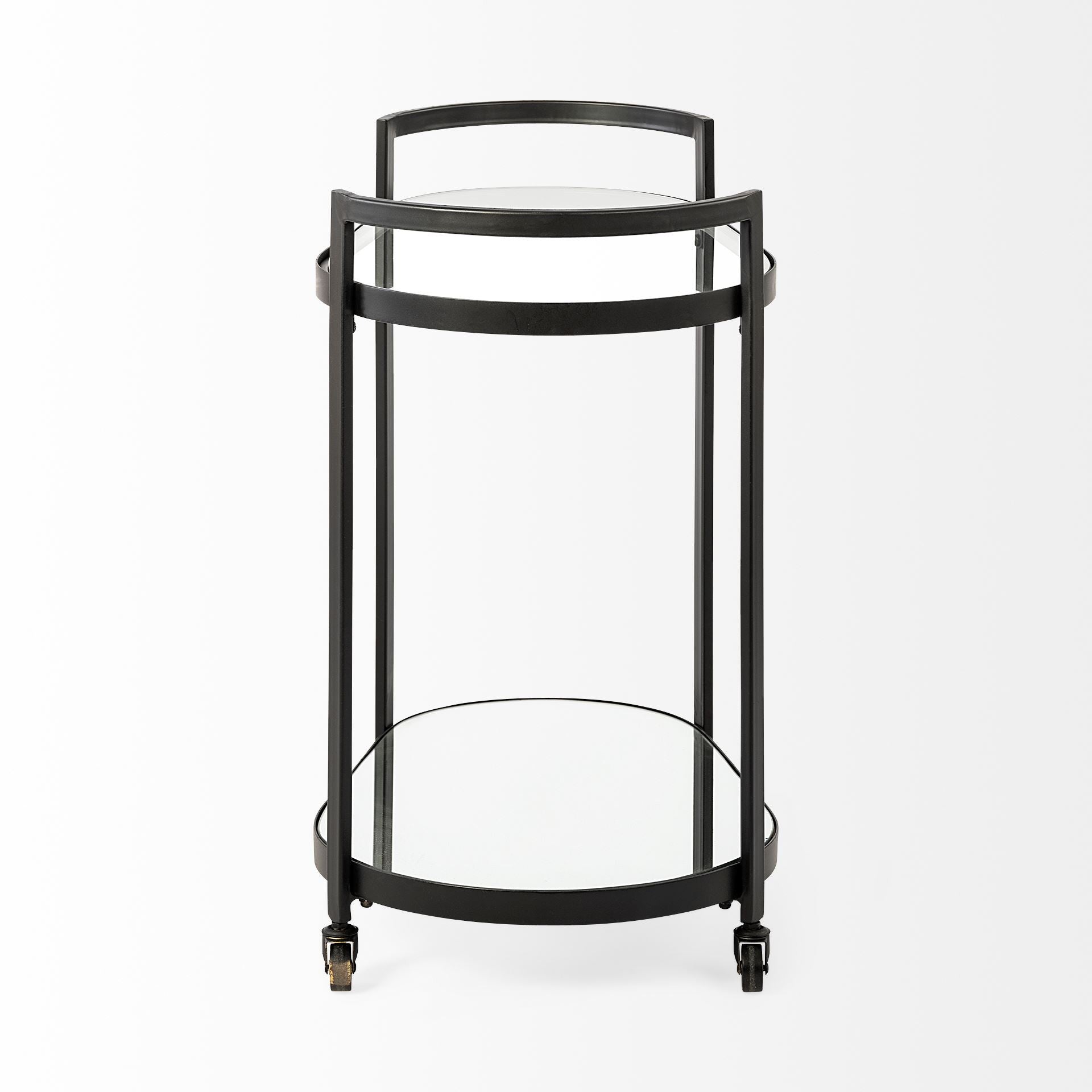 Cyclider Black Metal with Two Mirror Glass Shelves Bar Cart