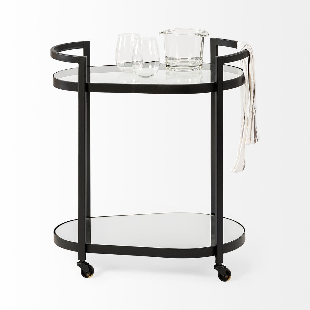 Cyclider Black Metal with Two Mirror Glass Shelves Bar Cart