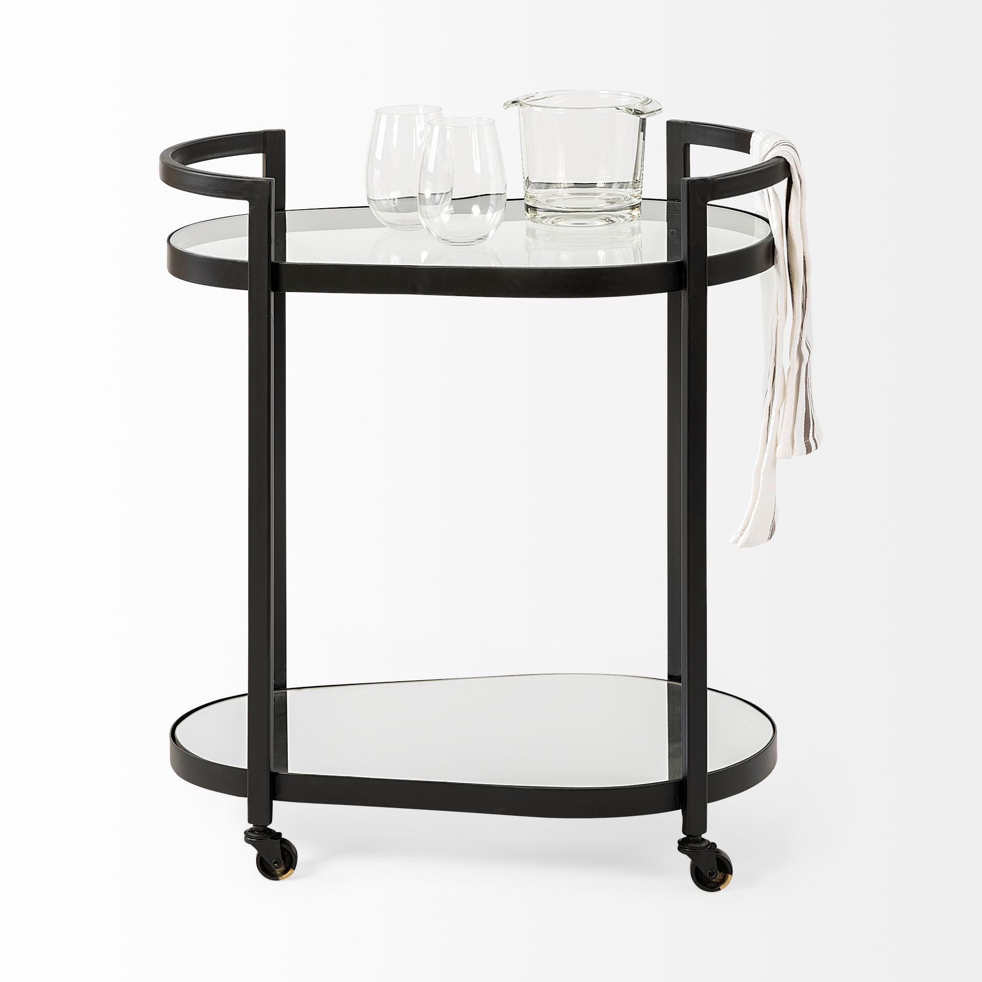Cyclider Black Metal with Two Mirror Glass Shelves Bar Cart