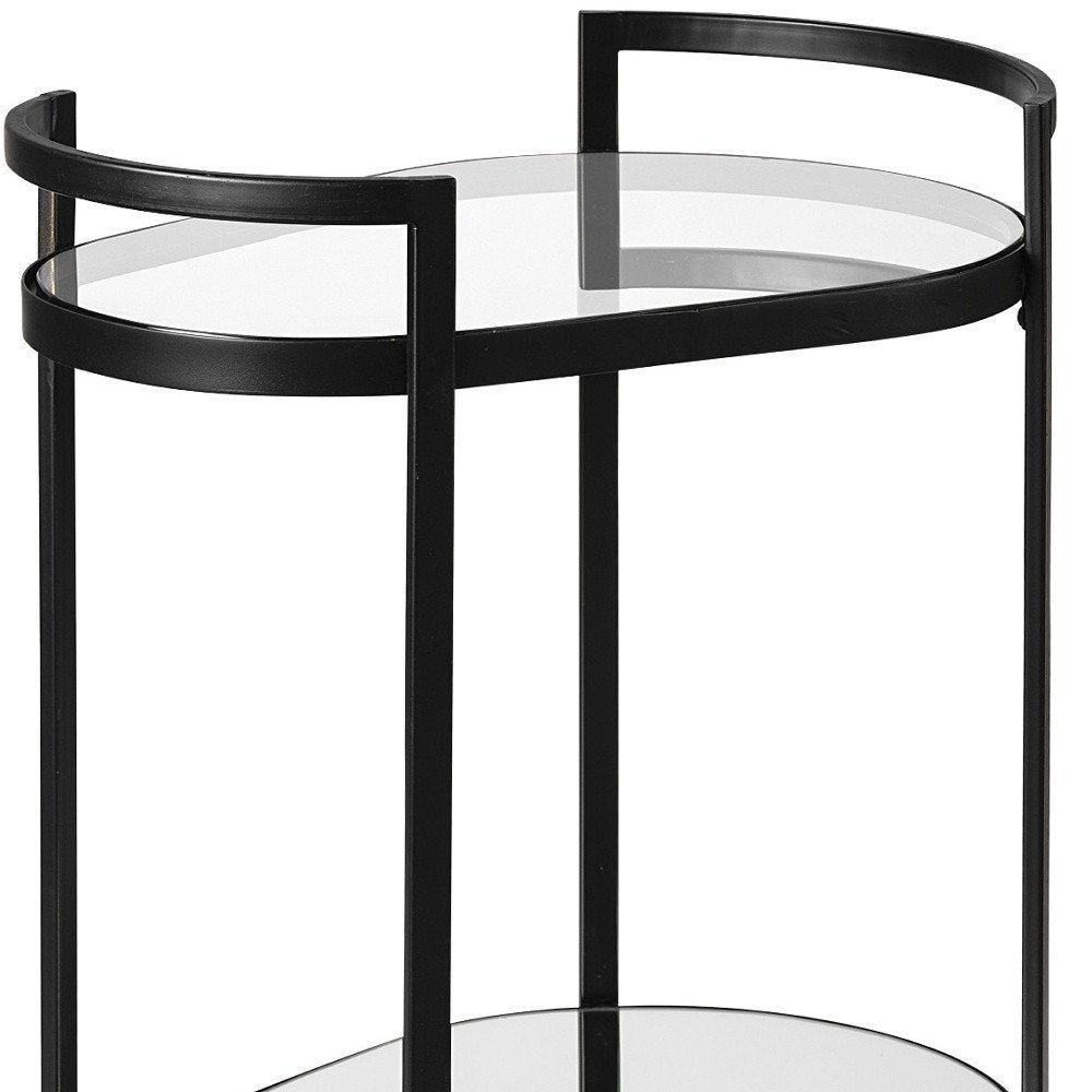 Cyclider Black Metal with Two Mirror Glass Shelves Bar Cart