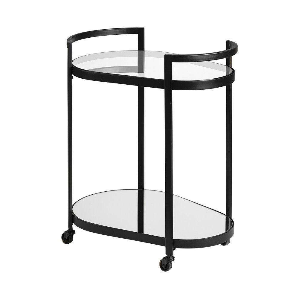 Cyclider Black Metal with Two Mirror Glass Shelves Bar Cart