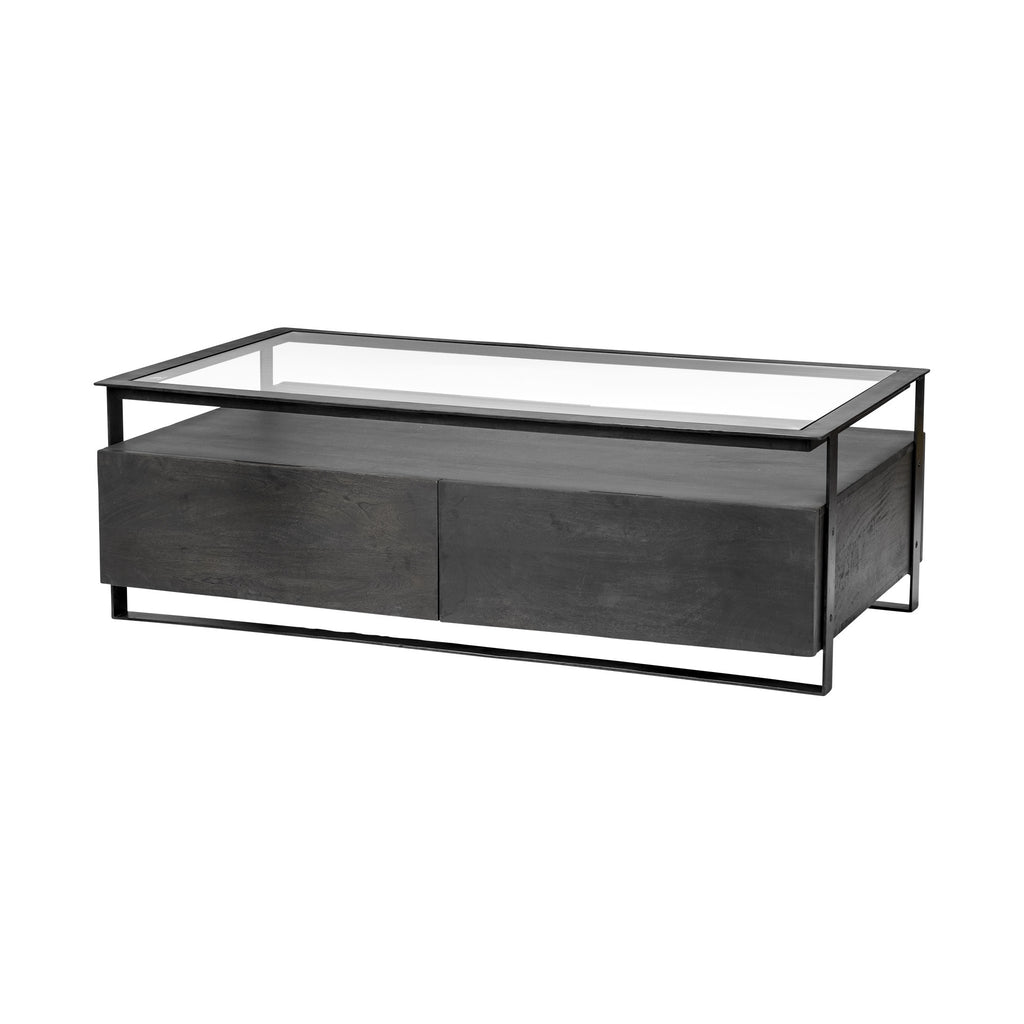 Clear and Black Glass Rectangular Coffee Table with Four Drawers and Shelf