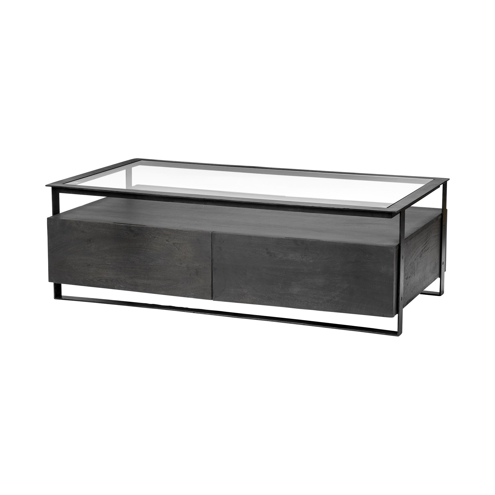 Clear and Black Glass Rectangular Coffee Table with Four Drawers and Shelf
