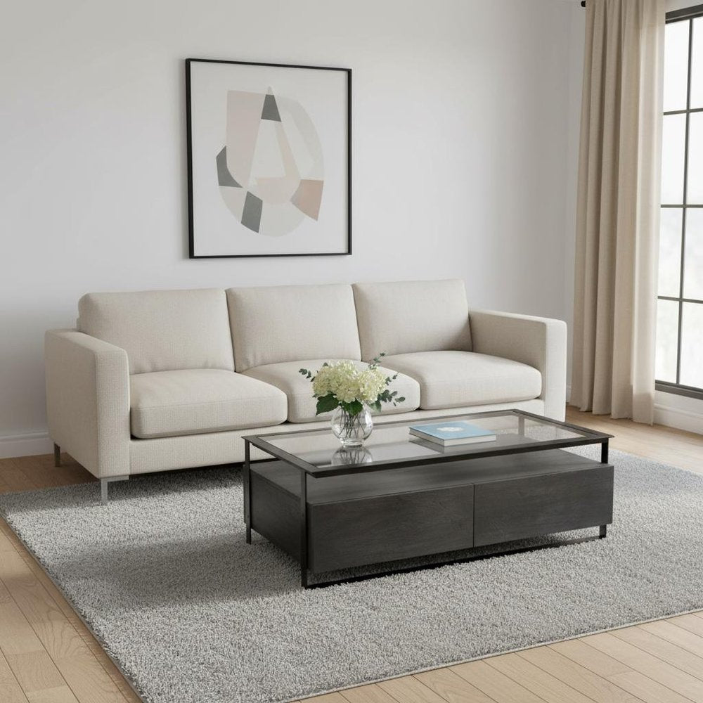 Clear and Black Glass Rectangular Coffee Table with Four Drawers and Shelf