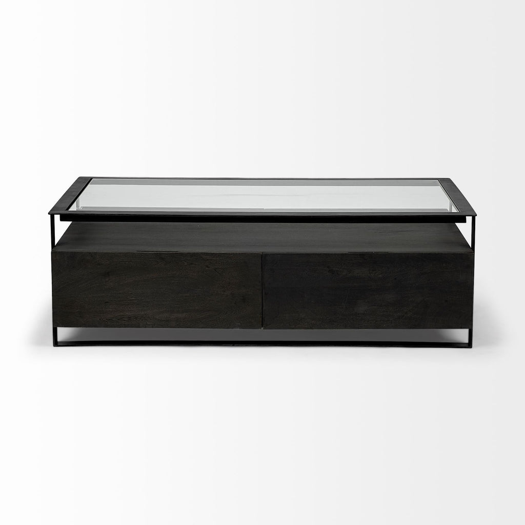 Clear and Black Glass Rectangular Coffee Table with Four Drawers and Shelf