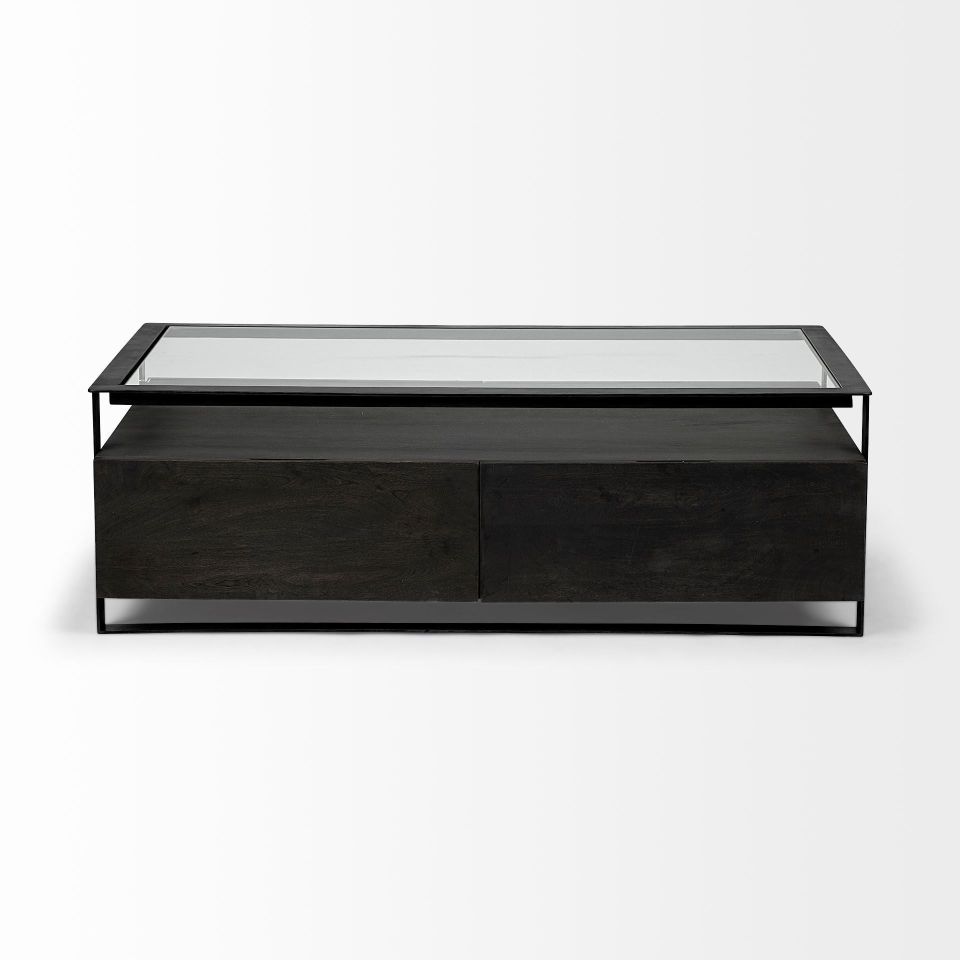 Clear and Black Glass Rectangular Coffee Table with Four Drawers and Shelf
