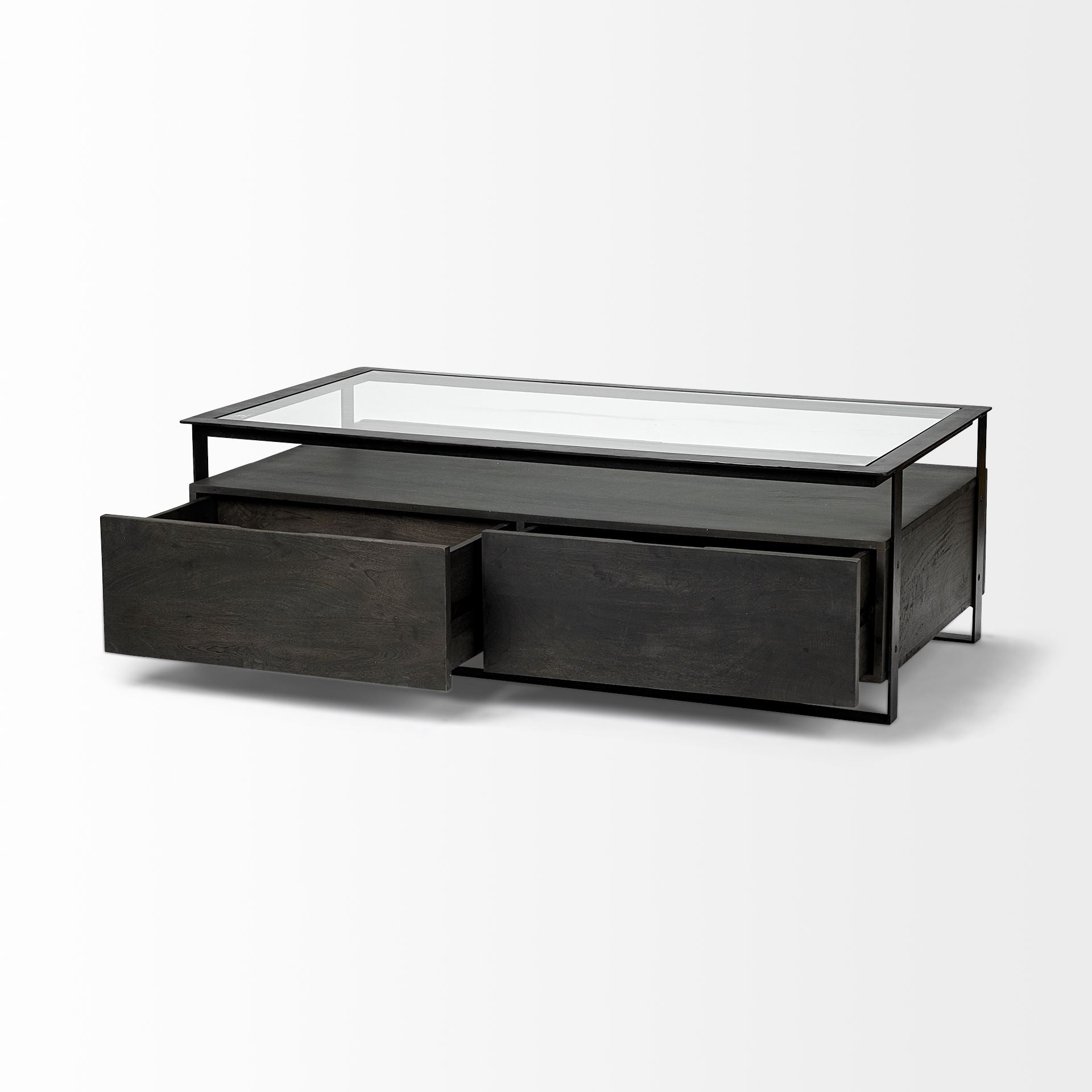 Clear and Black Glass Rectangular Coffee Table with Four Drawers and Shelf
