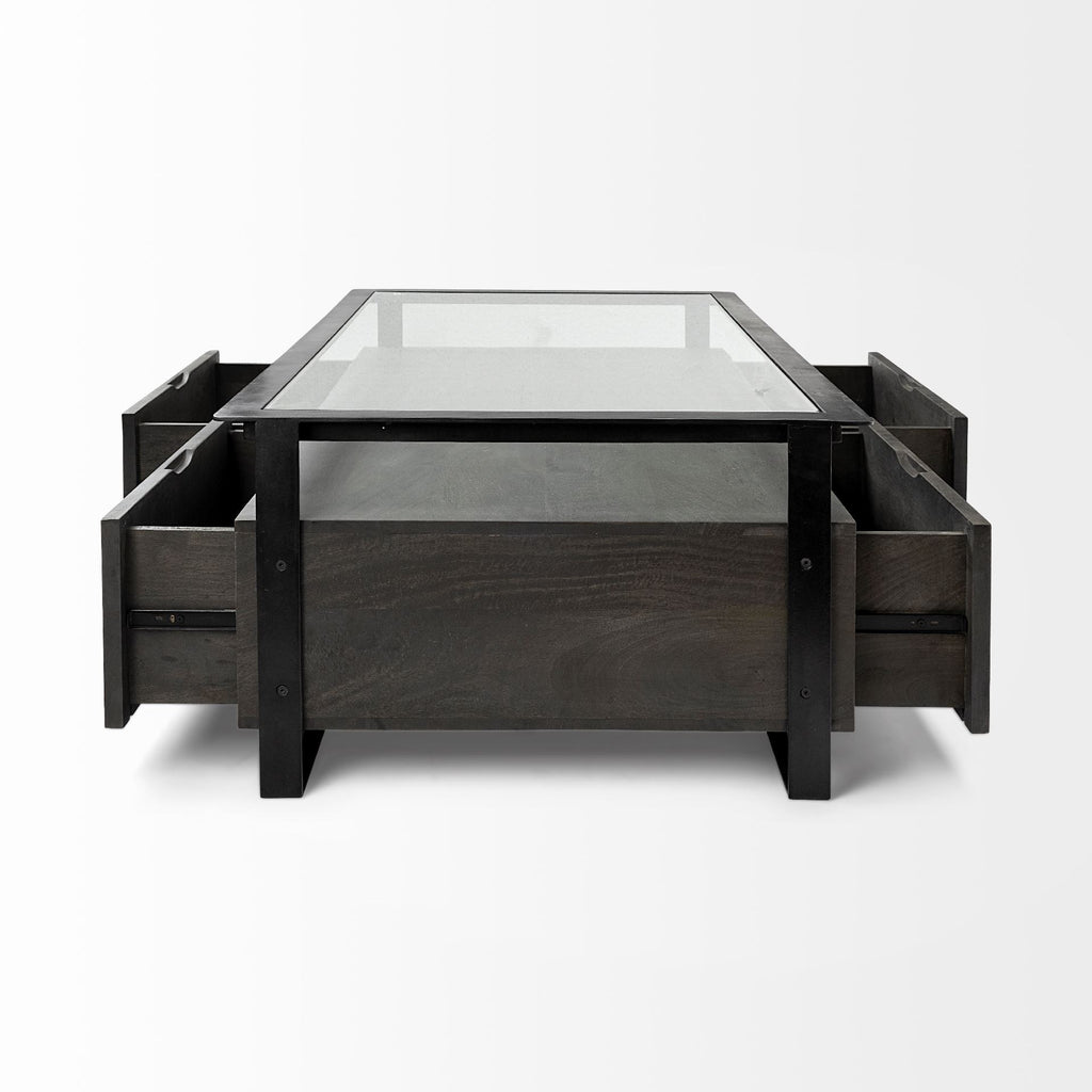 Clear and Black Glass Rectangular Coffee Table with Four Drawers and Shelf