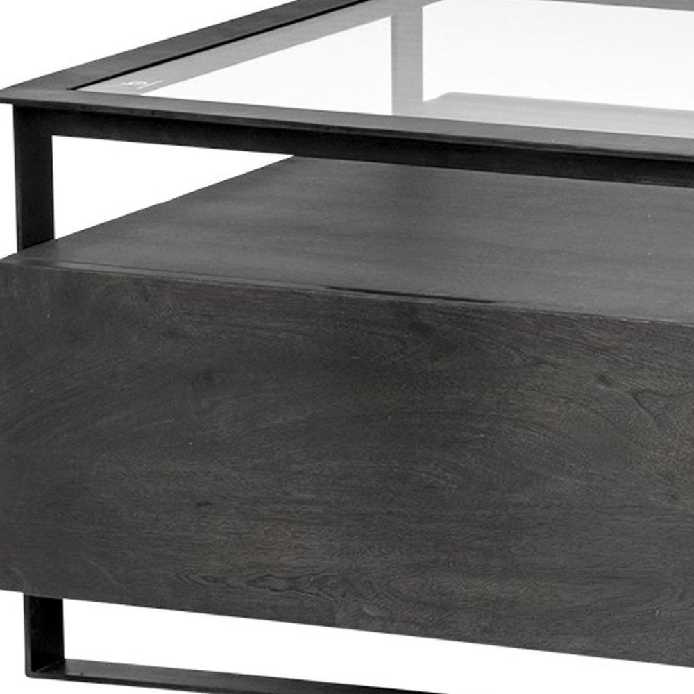 Clear and Black Glass Rectangular Coffee Table with Four Drawers and Shelf