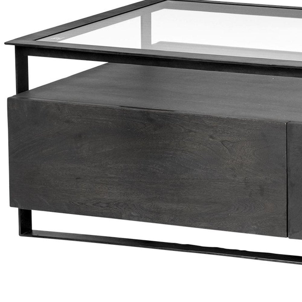 Clear and Black Glass Rectangular Coffee Table with Four Drawers and Shelf