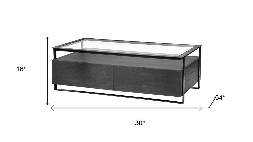 Clear and Black Glass Rectangular Coffee Table with Four Drawers and Shelf