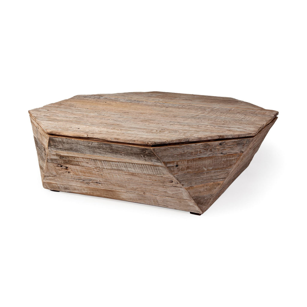 Natural Wood Octagon Distressed Lift Top Abstract Coffee Table