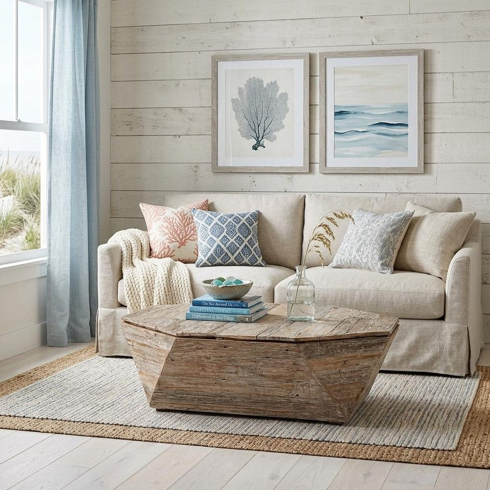 Natural Wood Octagon Distressed Lift Top Abstract Coffee Table
