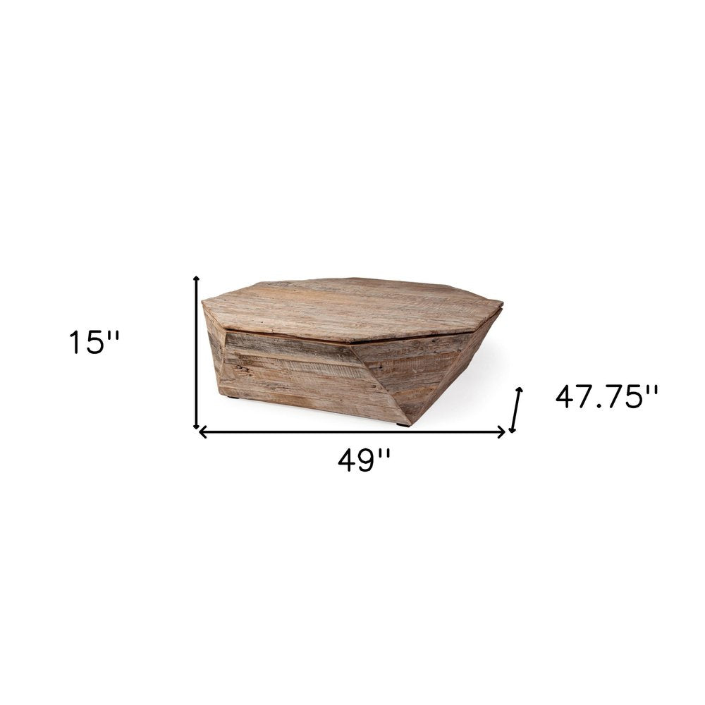 Natural Wood Octagon Distressed Lift Top Abstract Coffee Table