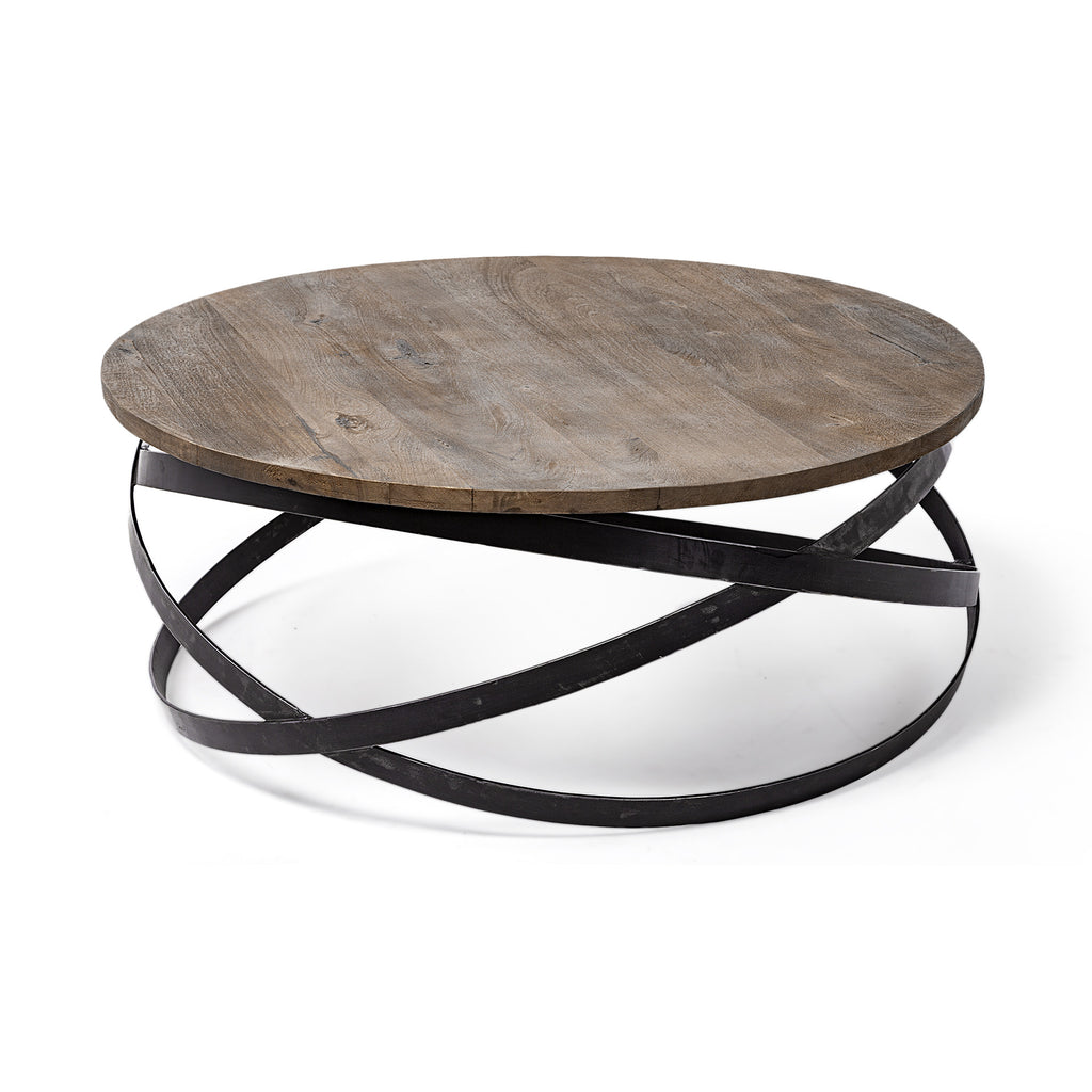 Brown and Black Solid Wood and Metal Round Coffee Table - 41-inch