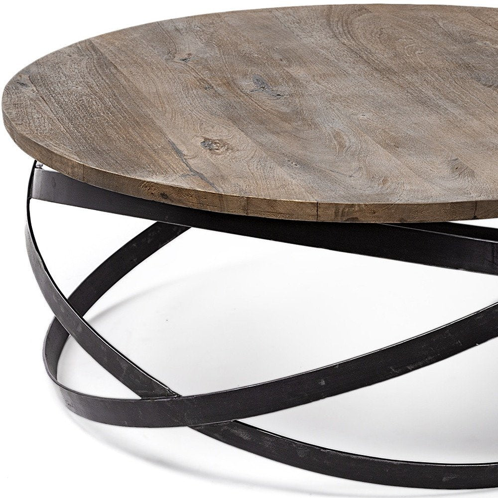 Brown and Black Solid Wood and Metal Round Coffee Table - 41-inch
