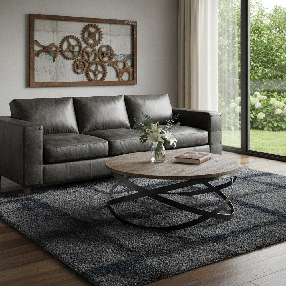 Brown and Black Solid Wood and Metal Round Coffee Table - 41-inch
