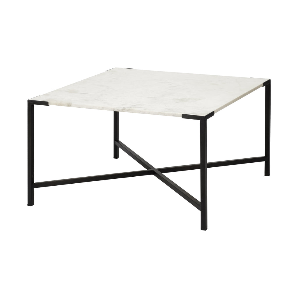 Black and White Genuine Marble and Metal Square Cross Legs Coffee Table