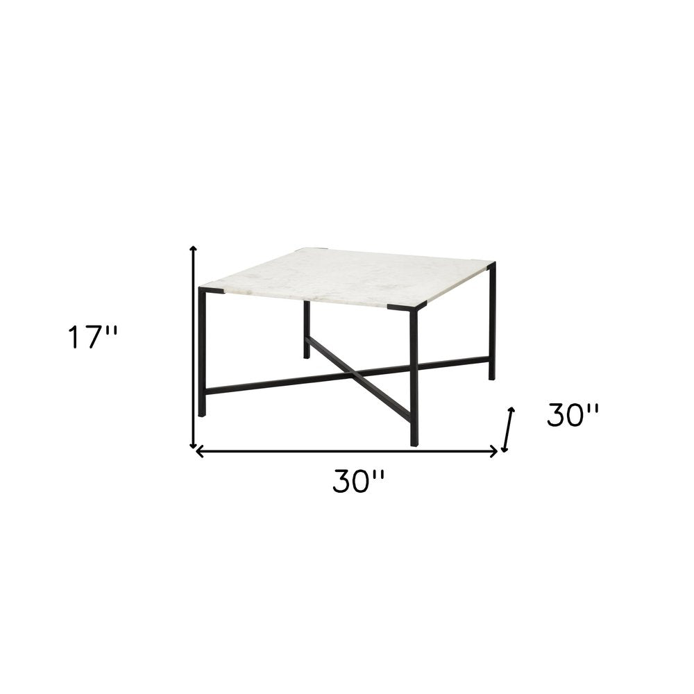 Black and White Genuine Marble and Metal Square Cross Legs Coffee Table